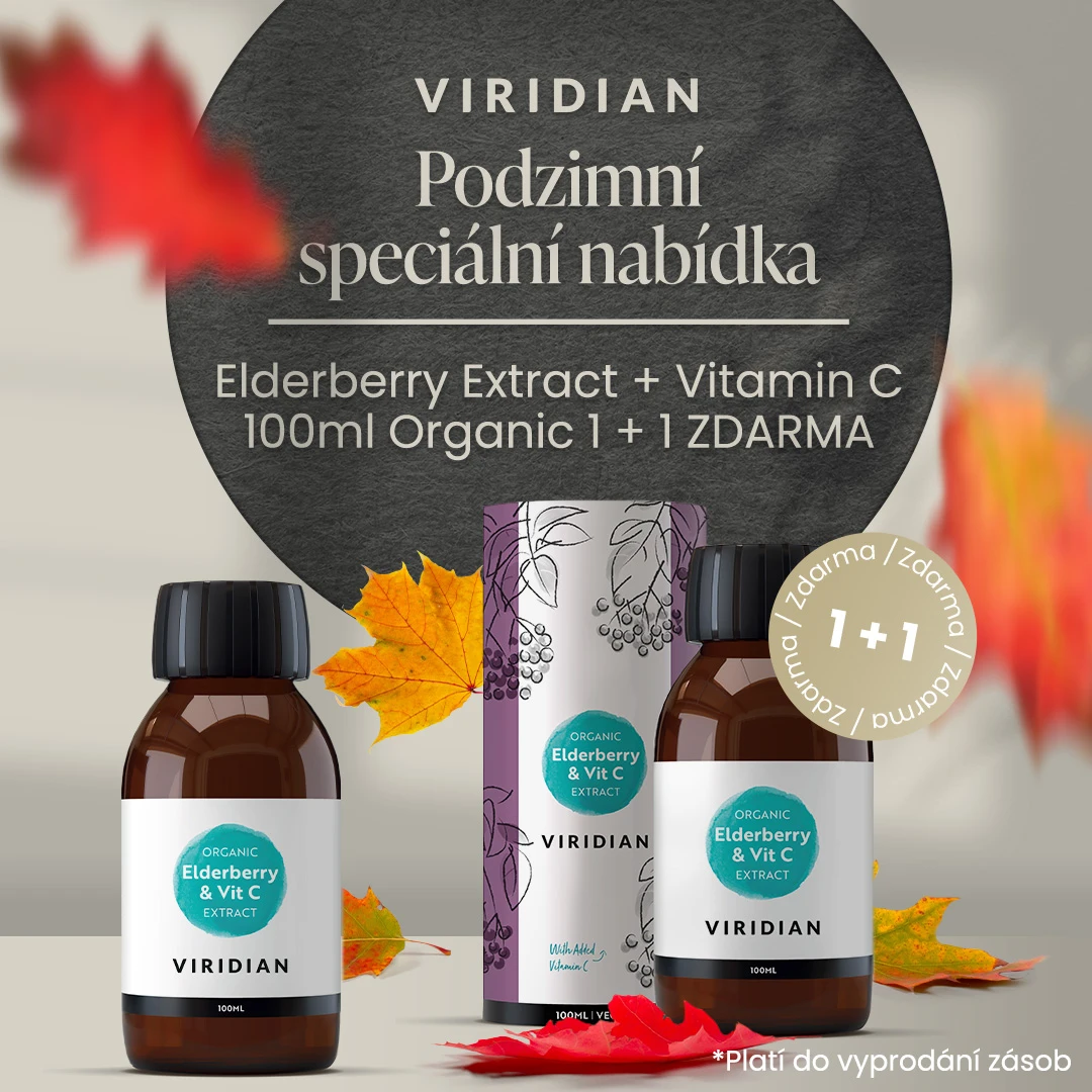 Podzimní akce Viridian – k BIO Elderberry Extract + Vitamin C 100ml dostanete druhý zdarma. Černý bez a vitamín C posilují obranný štít.